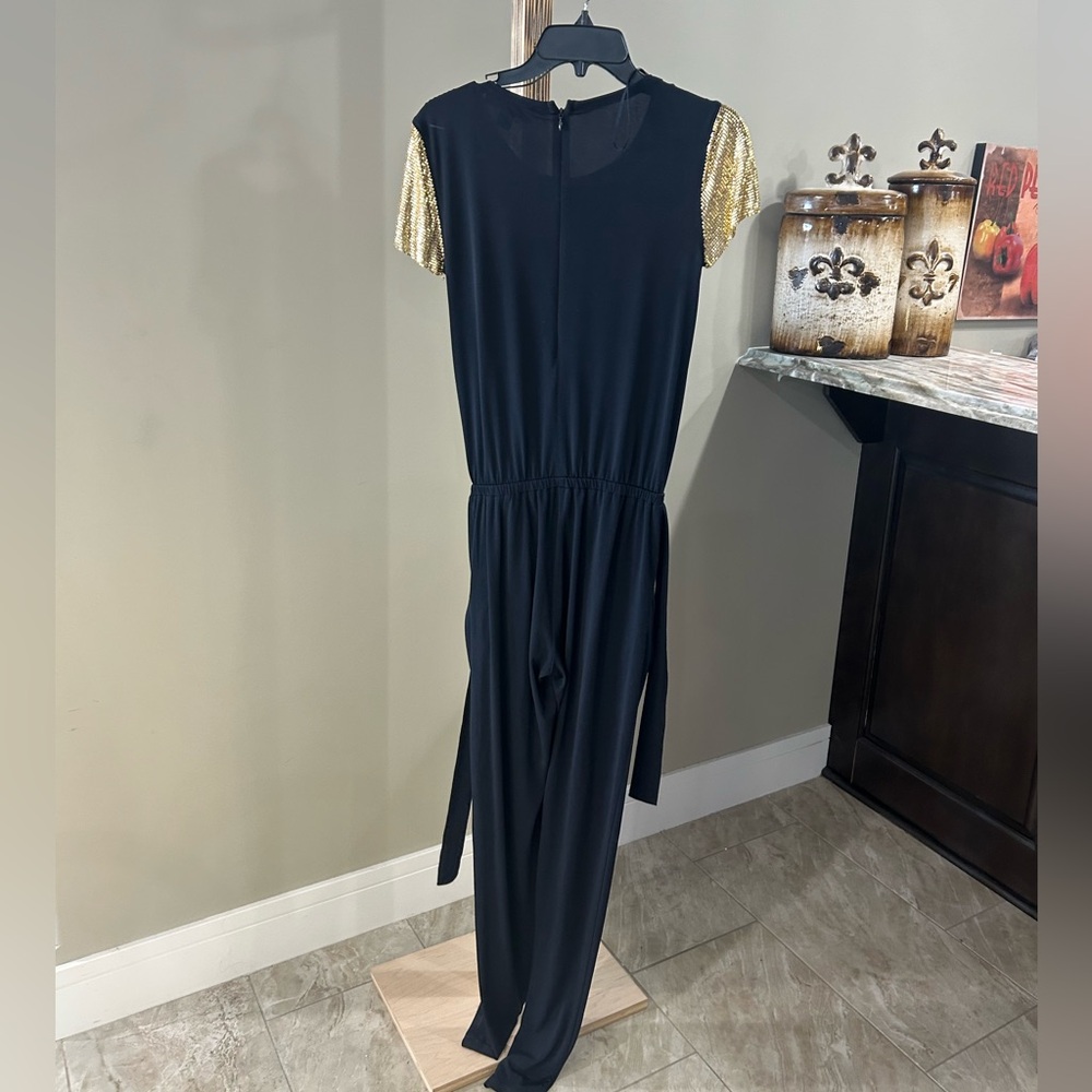 Michael Kors Black Jumpsuit Gold Chain Mesh Sleeves Womenโs Size XXS - Picture 4 of 5